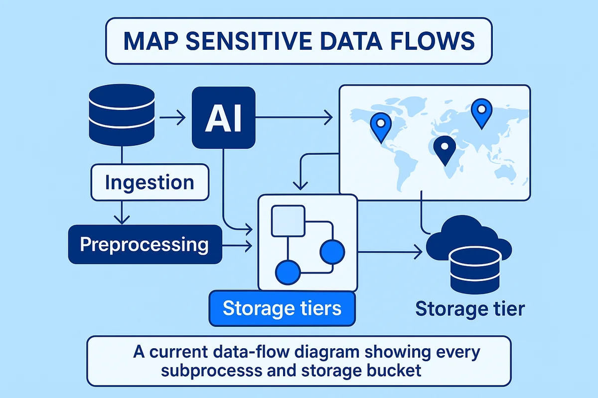 Diagram illustrating the data journey in AI, highlighting sensitive data movement and storage locations throughout the process.