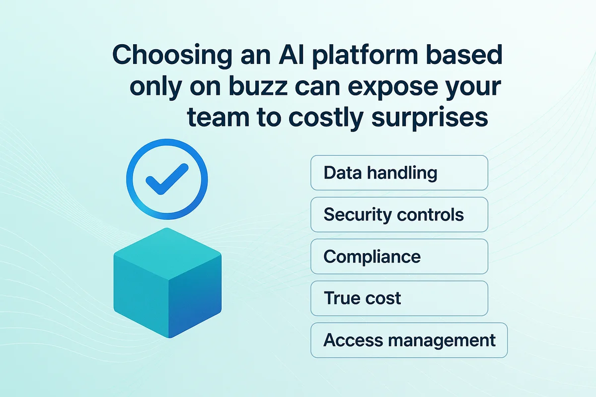 A checklist highlighting key checkpoints for evaluating AI platforms: data handling, security, compliance, cost, and access management.