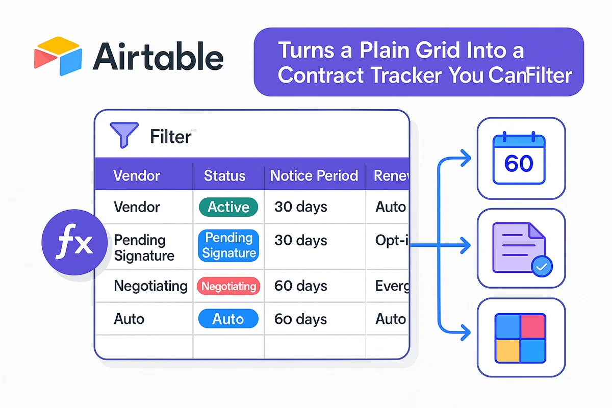 Airtable interface displaying a contract tracker with fields for vendor, term, and expiry alerts.