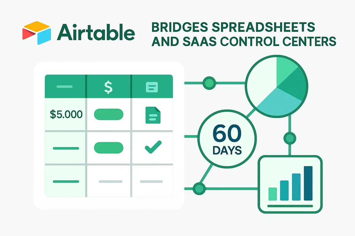 Airtable interface displaying interconnected tables and various field types for managing spend data and contracts.