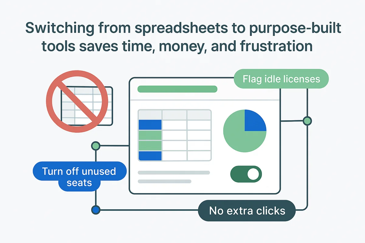 Comparison of spreadsheet management with dedicated SaaS tools, highlighting efficiency and automation benefits.