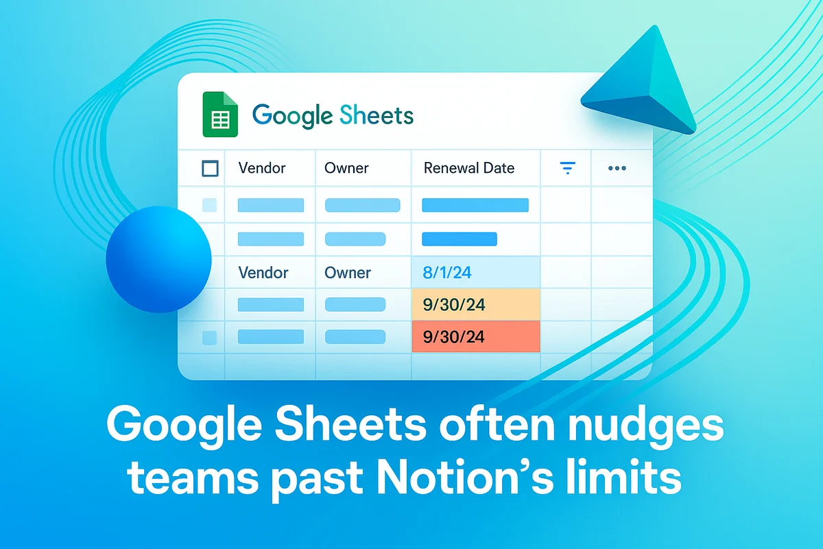 Screenshot of a Google Sheets renewal management template displaying vendor contracts and highlighted upcoming expiration dates.
