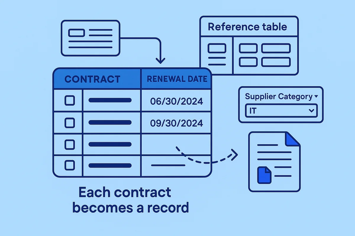 Airtable and CLM-light tools streamline contract management by organizing contract data into searchable fields.