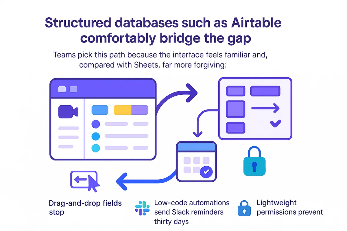 Visual representation of Airtable dashboard, showcasing relational tables, kanban view, and calendar for tracking projects.