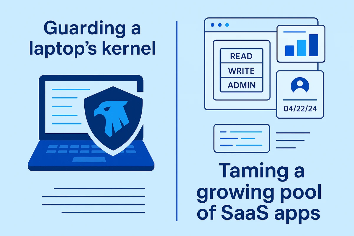 Illustration comparing SaaS management responsibilities with endpoint protection strategies and their unique monitoring focuses.