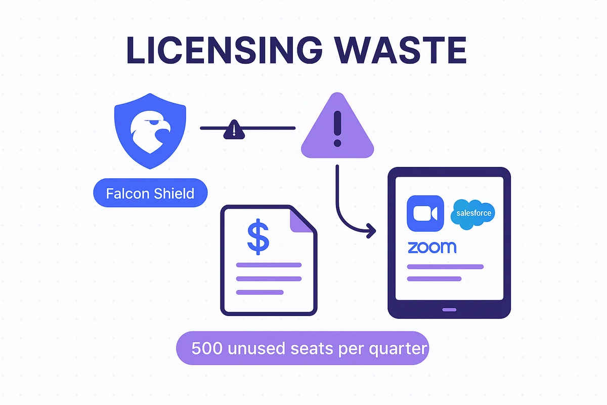 Falcon Shield dashboard displaying alerts, emphasizing gaps in SaaS governance and untracked licensing waste.
