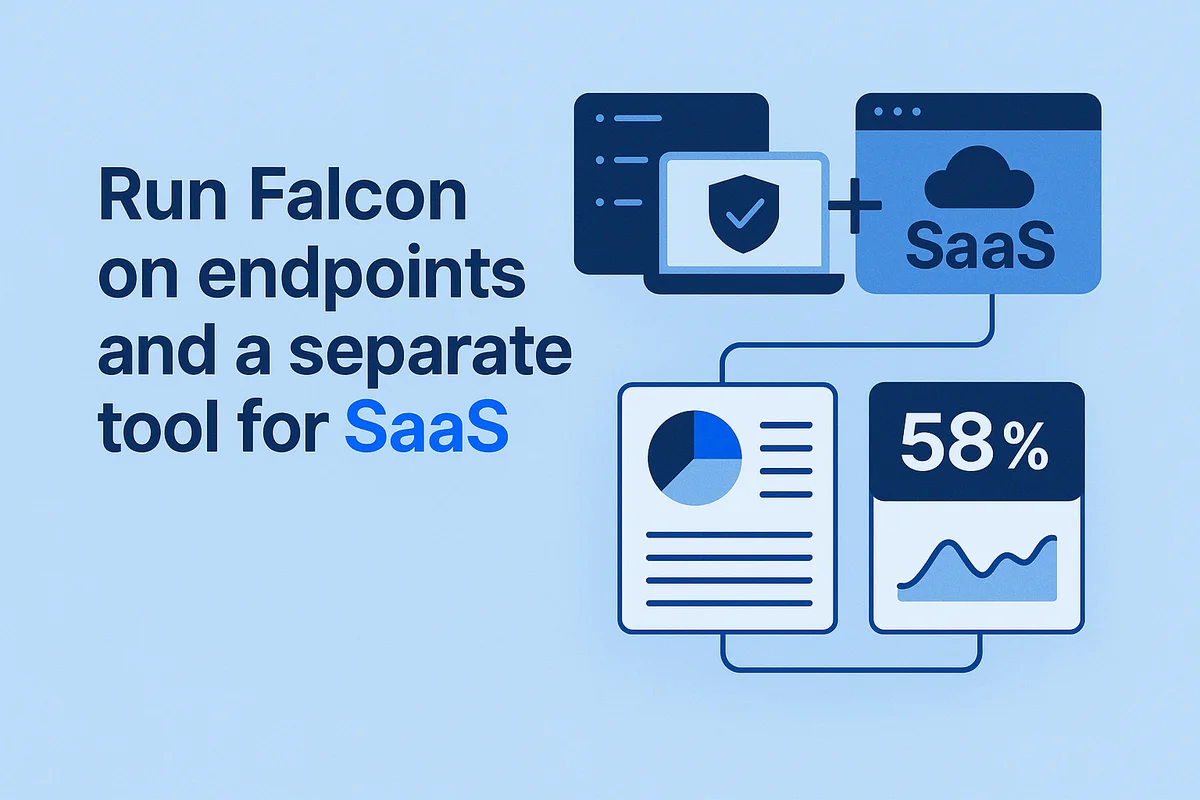 Graphic illustrating the integration of Falcon Shield with SaaS management to enhance security and streamline workflows.