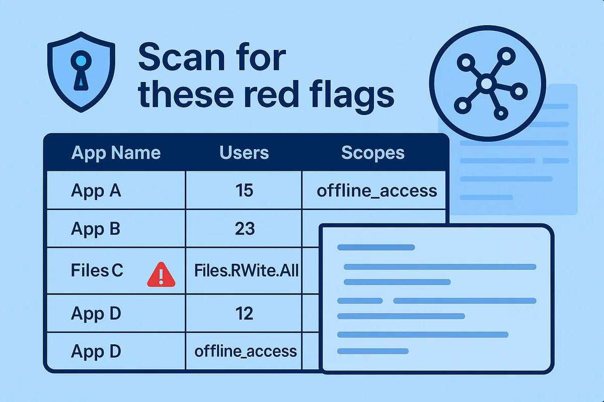 OAuth consent logs display app access requests, highlighting potentially risky permissions for user data, like email and files.
