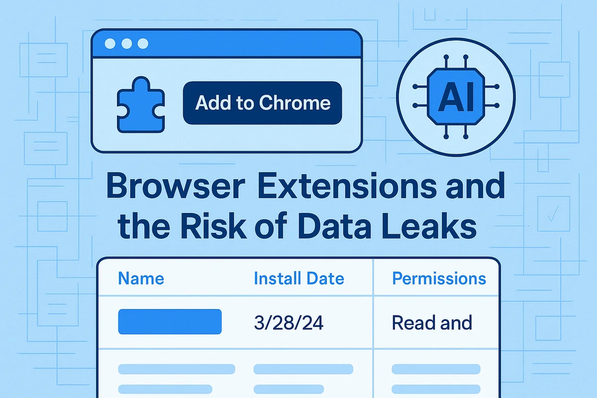 Screenshot of various browser extensions highlighting potential risks of data leaks in productivity tools like Salesforce and Jira.