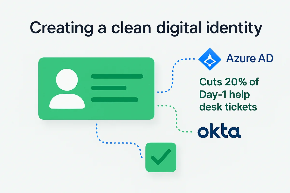 Graphic illustrating automated identity and account provisioning process using HR systems, Azure AD, and Okta for new hires.