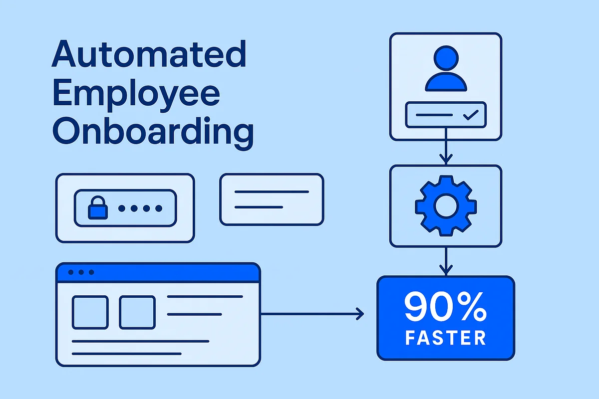 Automation streamlining IT onboarding processes for new employees, enhancing productivity and compliance while reducing manual tasks.