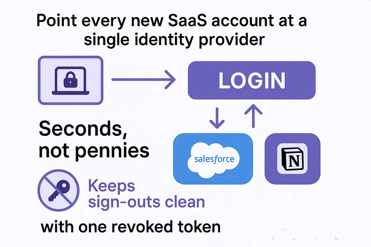 Diagram illustrating Single Sign-On process connecting multiple SaaS accounts through a centralized identity provider.