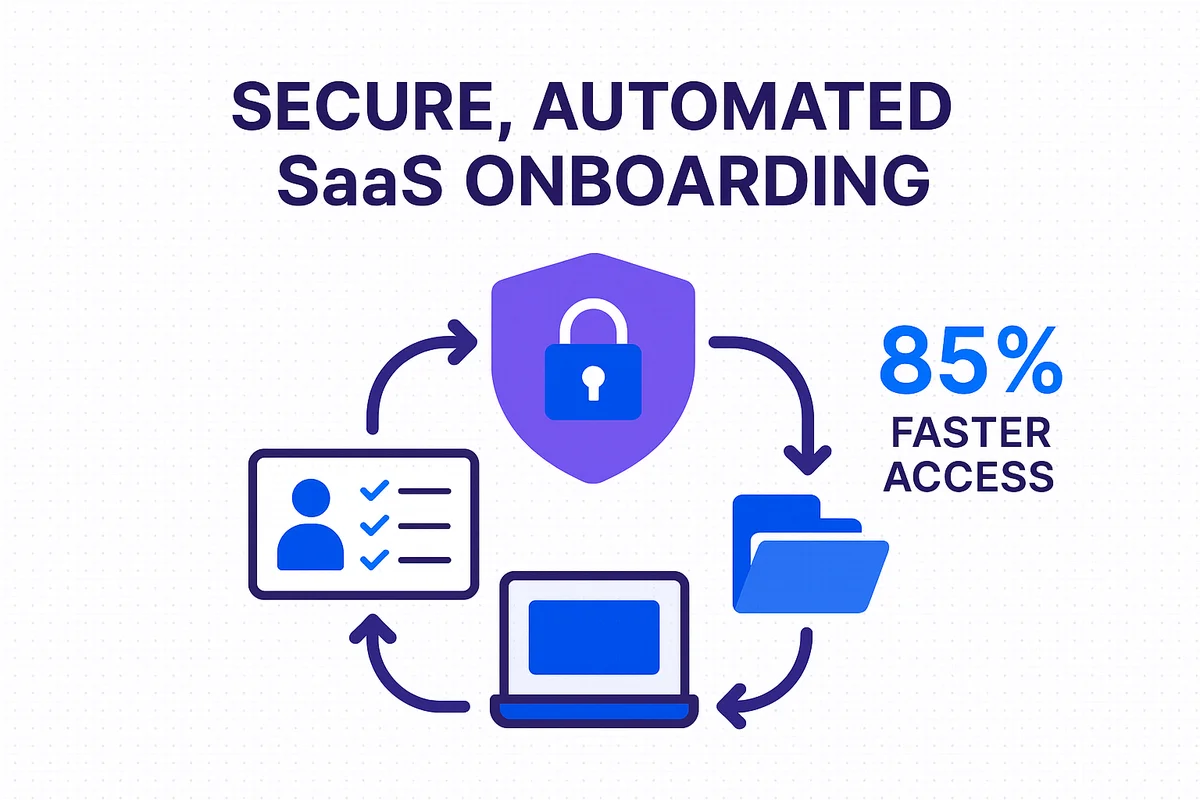 Onboarding process diagram, illustrating secure access and streamlined setup for new hires in SaaS environments.