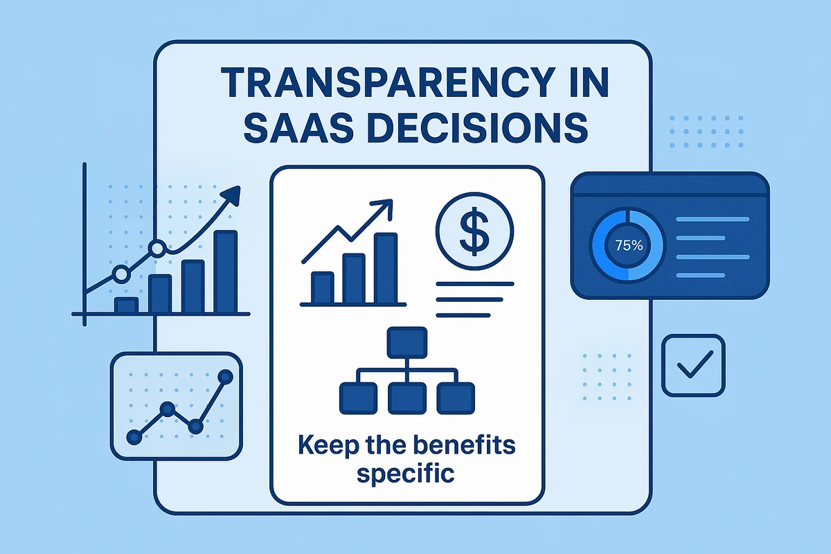 Employees engaging in a discussion about SaaS decisions, emphasizing transparency and practical benefits for career growth.