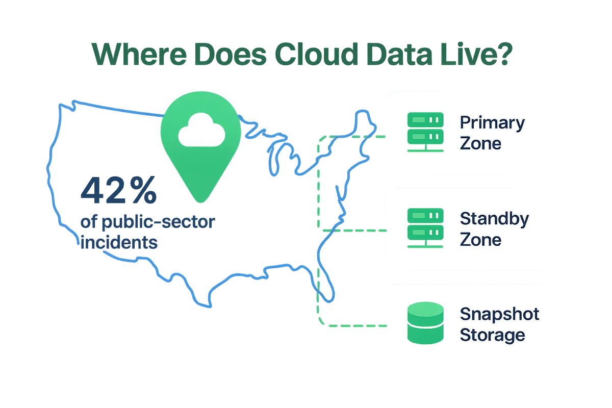 Diagram illustrating primary zone, standby zone, and snapshot storage locations aligned with a boundary map for data compliance.