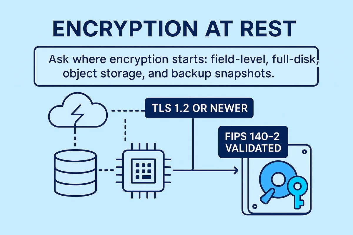 Illustration of secure data transmission and storage, emphasizing encryption standards and protection measures for agency records.
