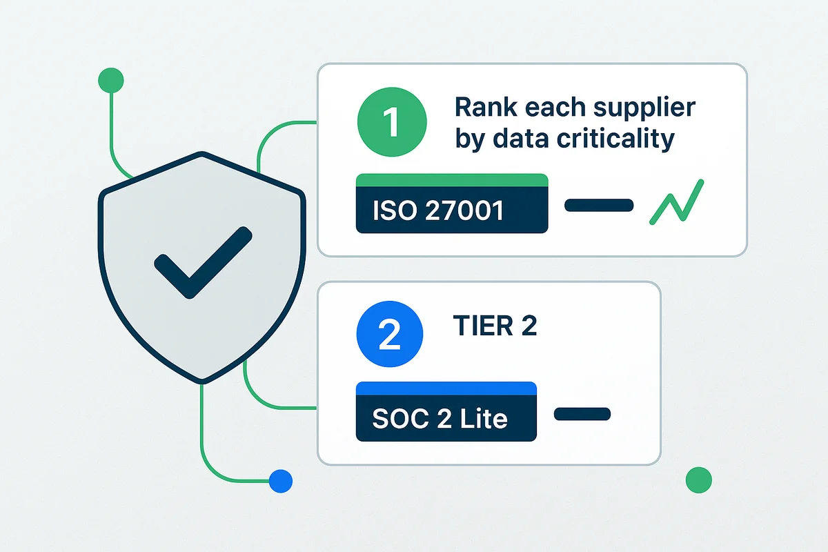 A checklist illustrating vendor evaluations for ISO 27001 compliance, emphasizing risks in data handling and partnership selection.