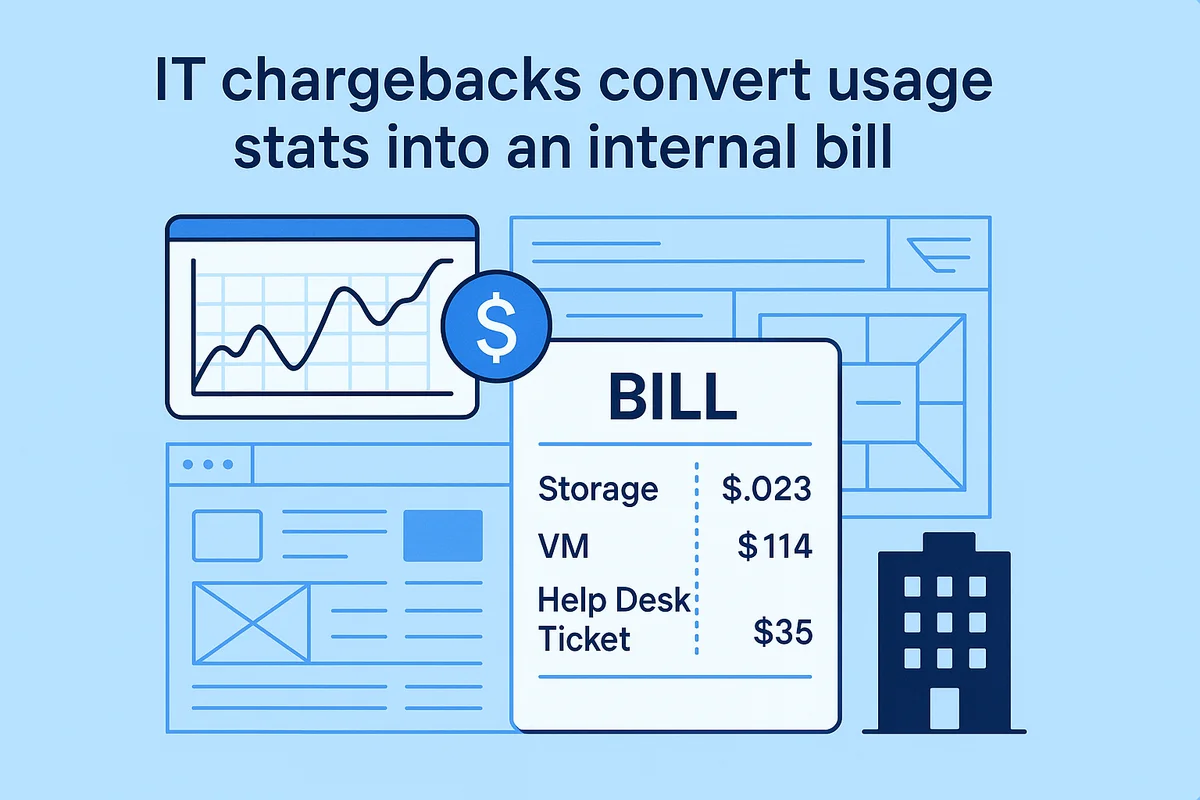 Visual representation of IT chargebacks illustrating usage stats converted into internal billing for different departments.