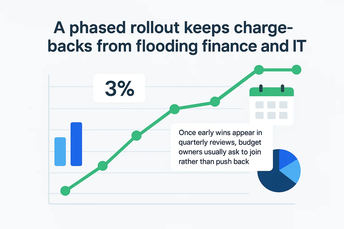 Leaders implementing a phased chargeback practice to enhance finance and IT collaboration and improve budget management.
