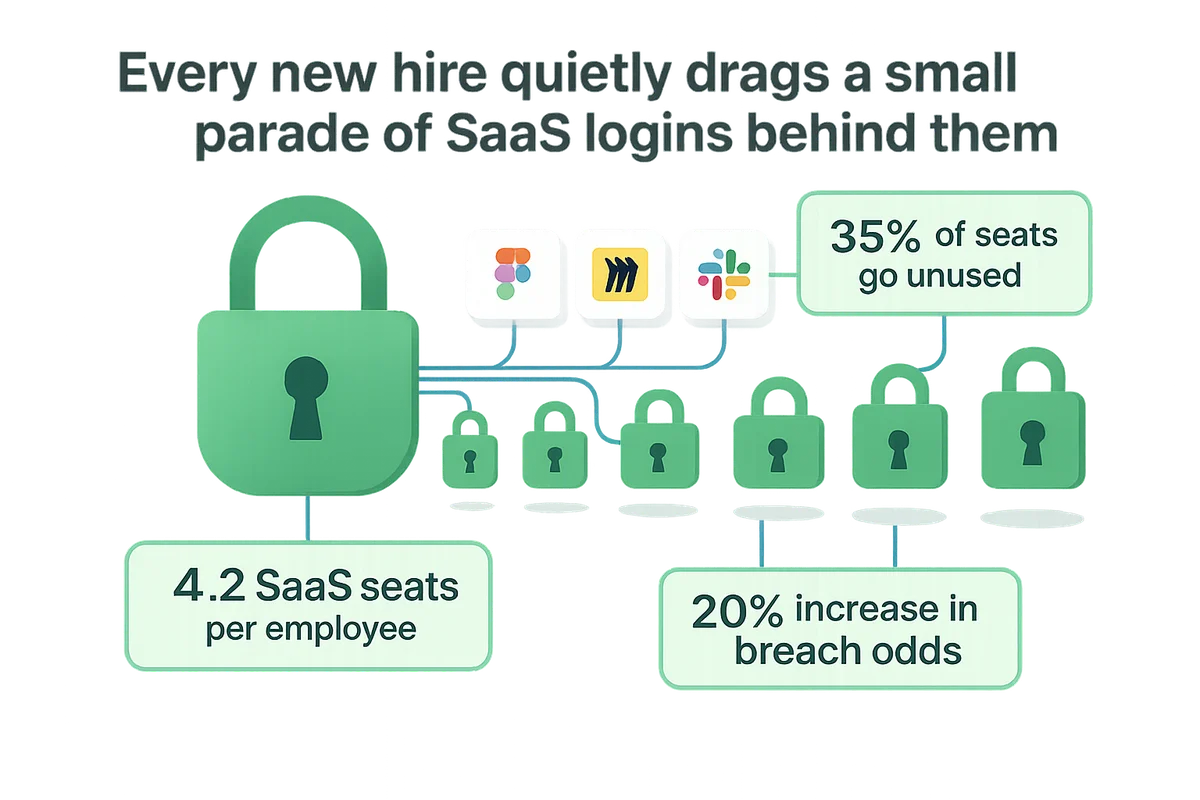 A chaotic mix of SaaS login credentials symbolizes the complexities of managing SaaS assets with new hires.