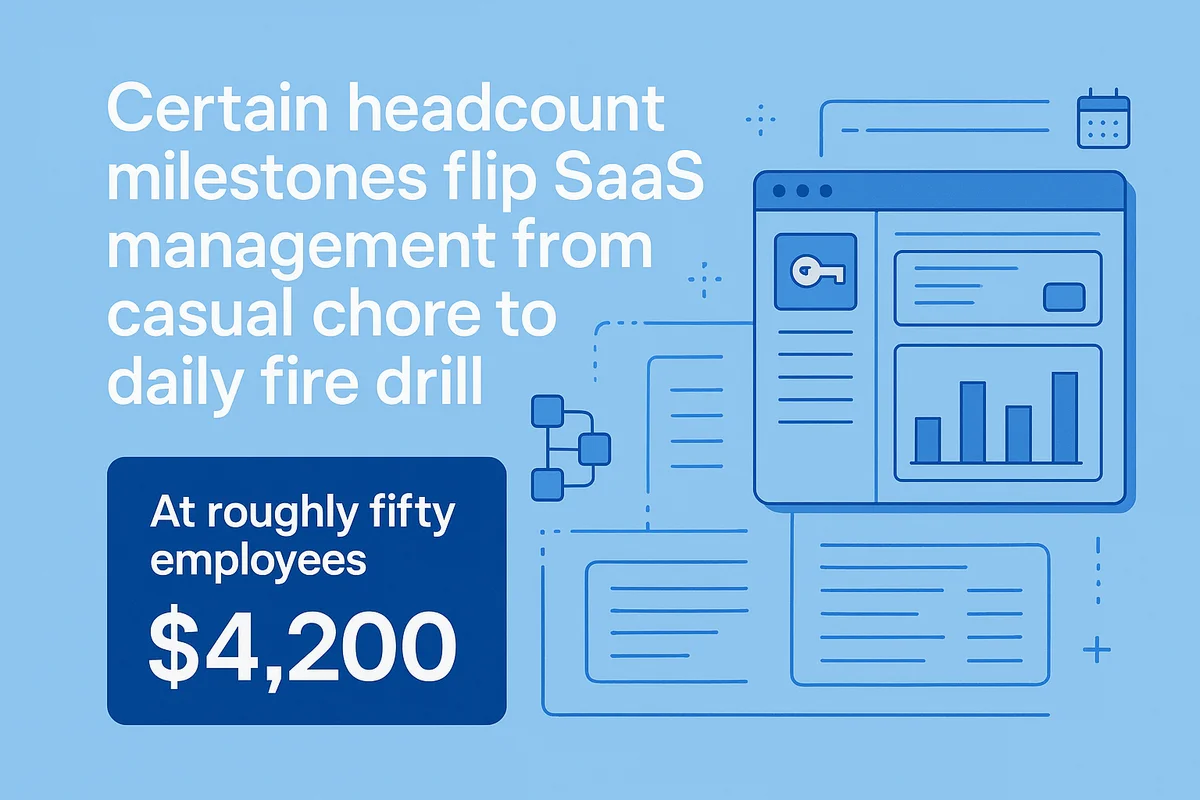 Team members discussing SaaS management challenges as employee headcount reaches key milestones, emphasizing the need for organized operations.