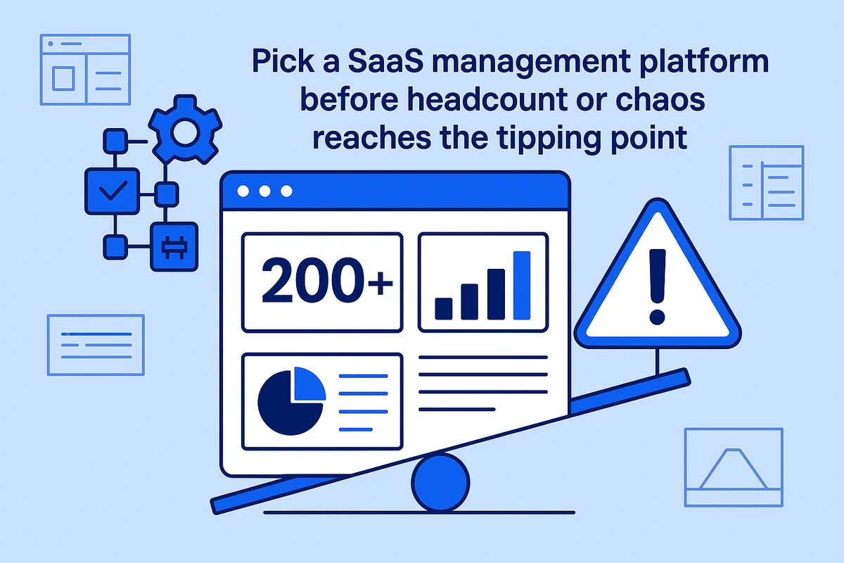 A chaotic office environment with multiple screens and workers, illustrating the complexities of managing a growing SaaS stack.