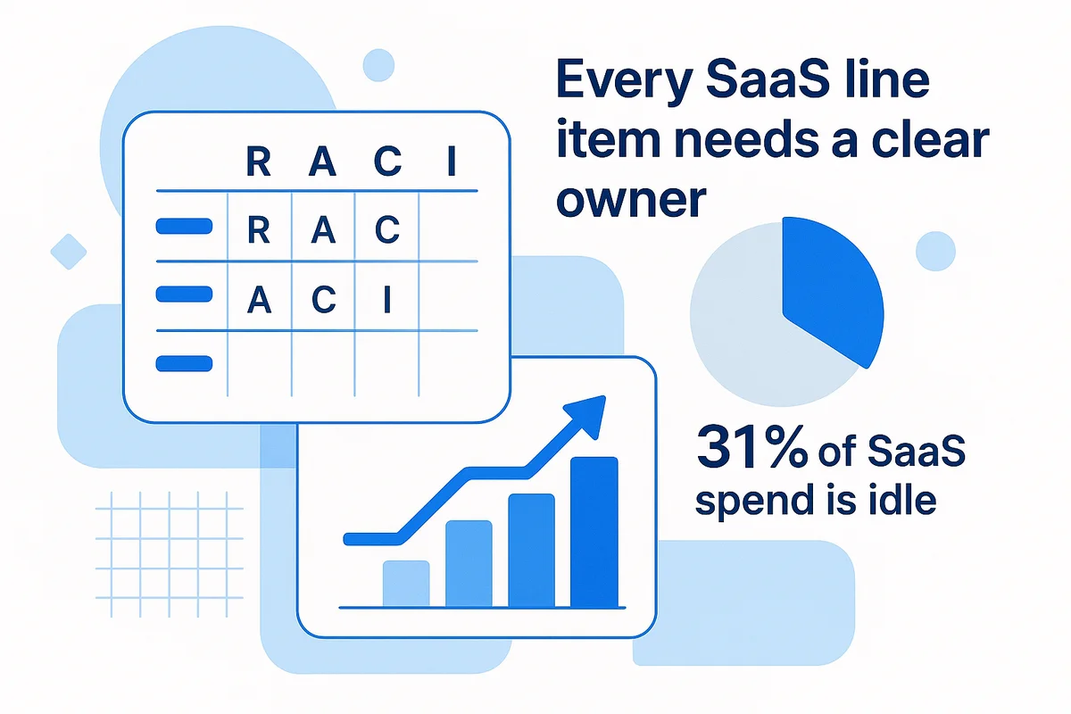 A team collaboratively organizing responsibilities for SaaS app ownership using a RACI grid for accountability.