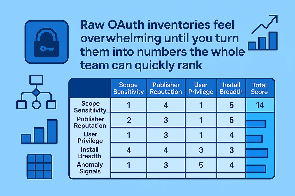 Table illustrating a risk scoring rubric for evaluating and prioritizing OAuth security vulnerabilities in applications.