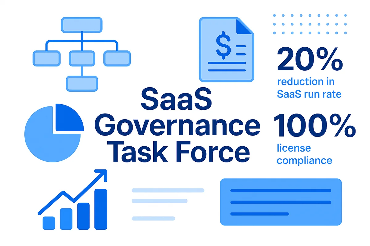 A diverse team strategizes on SaaS governance post-merger, emphasizing collaboration among IT, security, finance, and procurement.