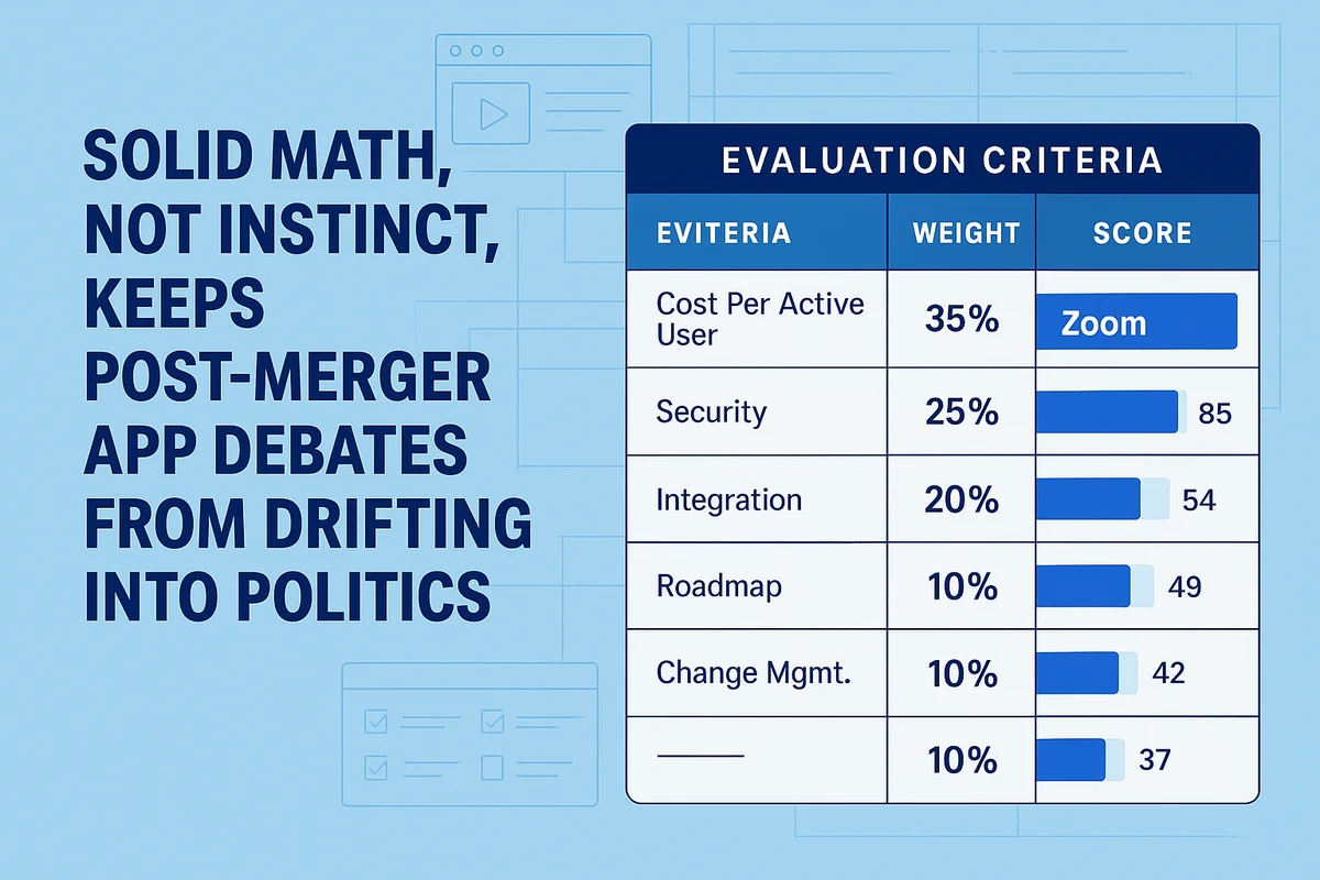 A visual representation of a scoring model used to prioritize software consolidation post-merger, featuring a multiplier table.