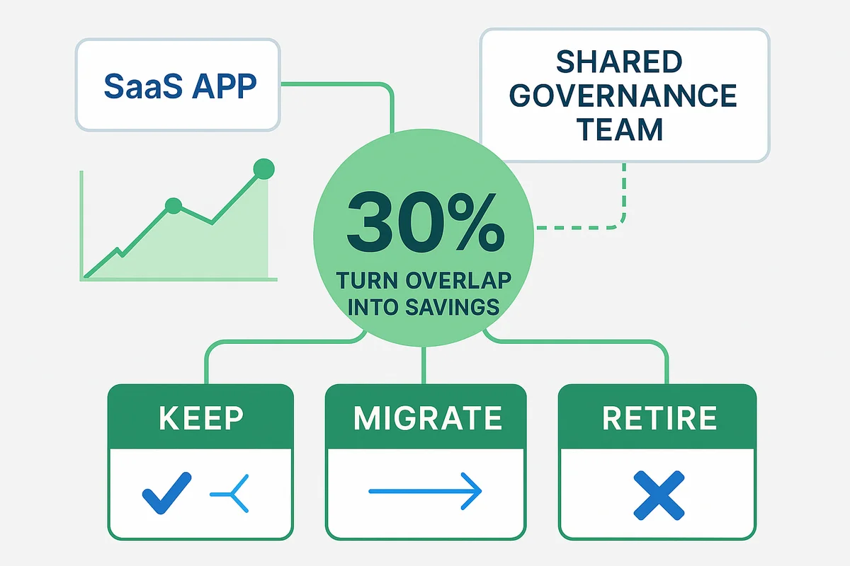 Merging companies streamline SaaS app usage through governance, inventory standardization, and data analysis for cost savings.