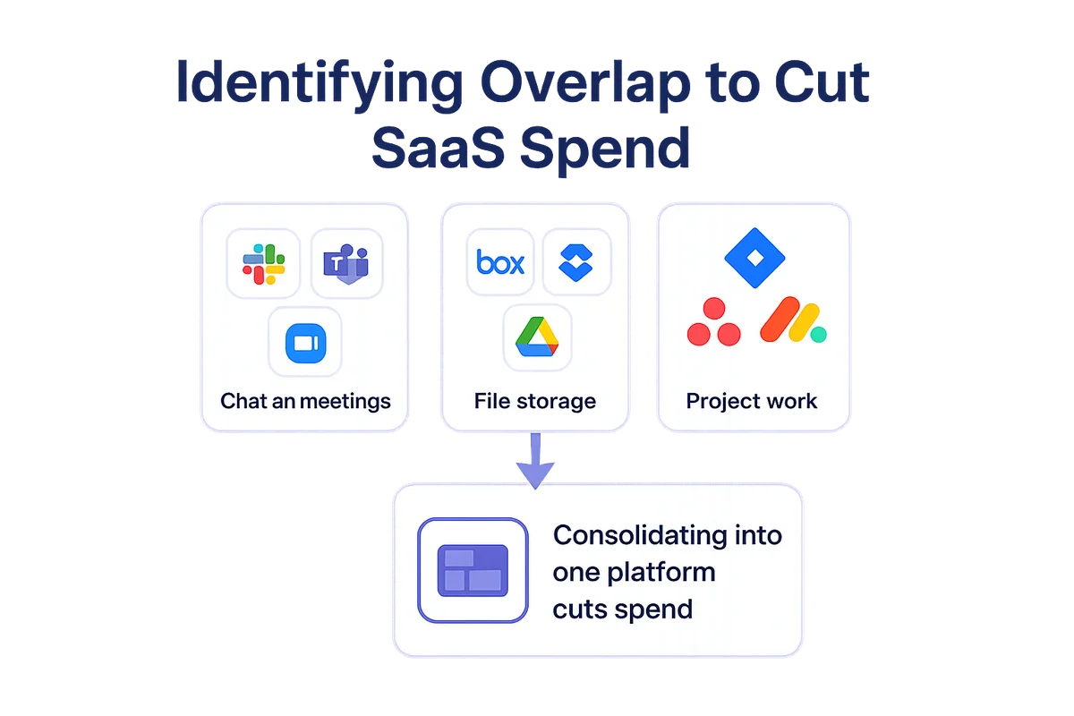 Visual representation of various overlapping SaaS tools used for chat, meetings, and file storage.