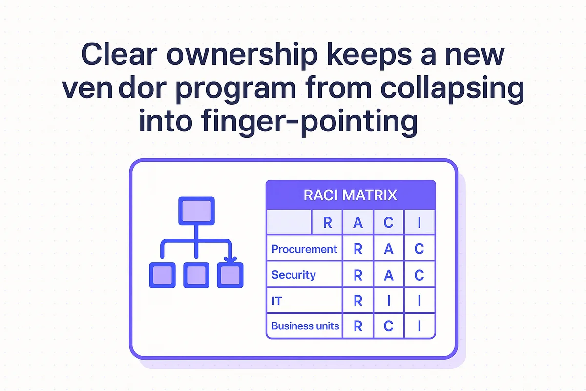 RACI matrix chart illustrating governance and ownership roles in vendor program management to enhance accountability and streamline requests.