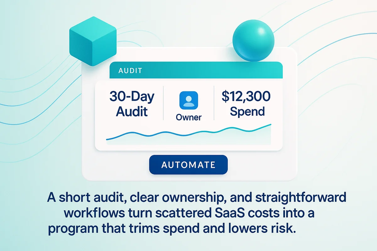 Flowchart illustrating a streamlined vendor management process including auditing, ownership, and automation for better visibility and savings.