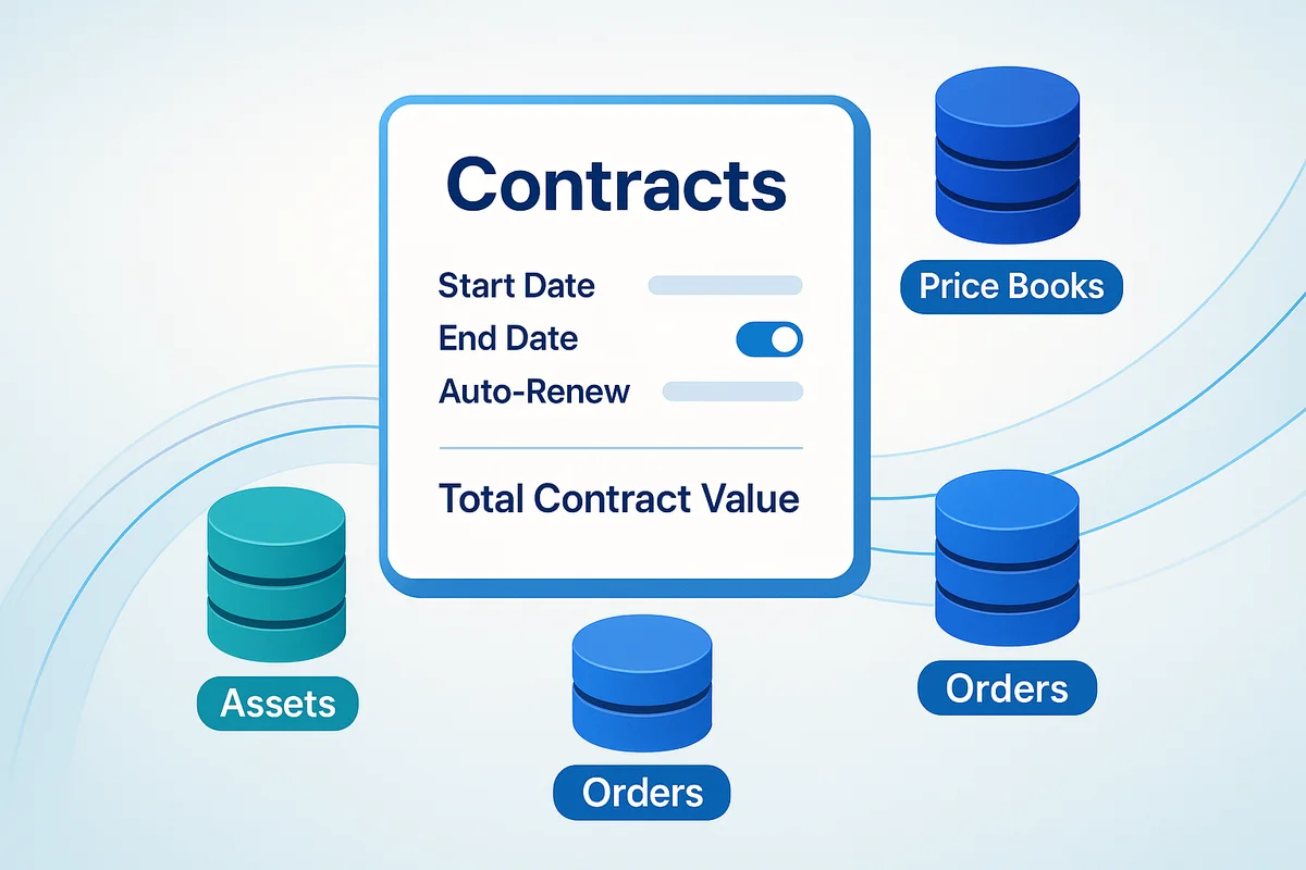 Illustration of Salesforce Contract Management components: contracts, assets, and orders tracking commercial details but not license usage.