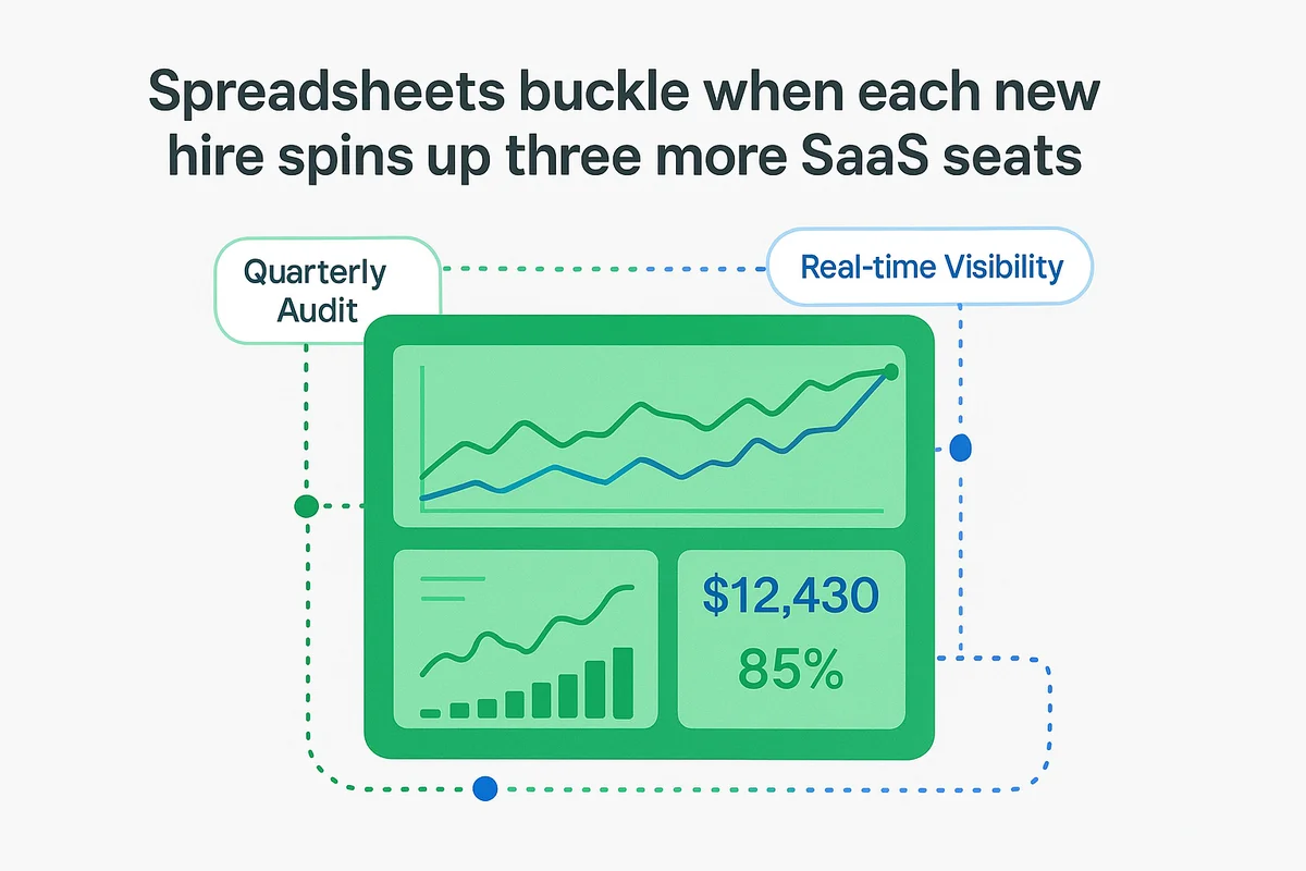 Visual representation of SaaS management and visibility tools monitoring network traffic and managing software assets in real time.