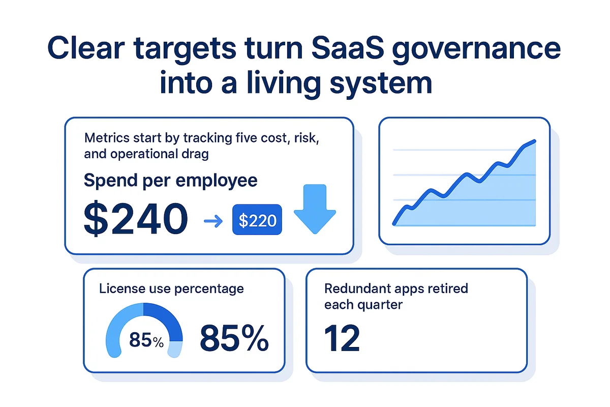 Graph illustrating key SaaS governance KPIs: spending, license usage, provisioning time, risk assessments, and app redundancy.