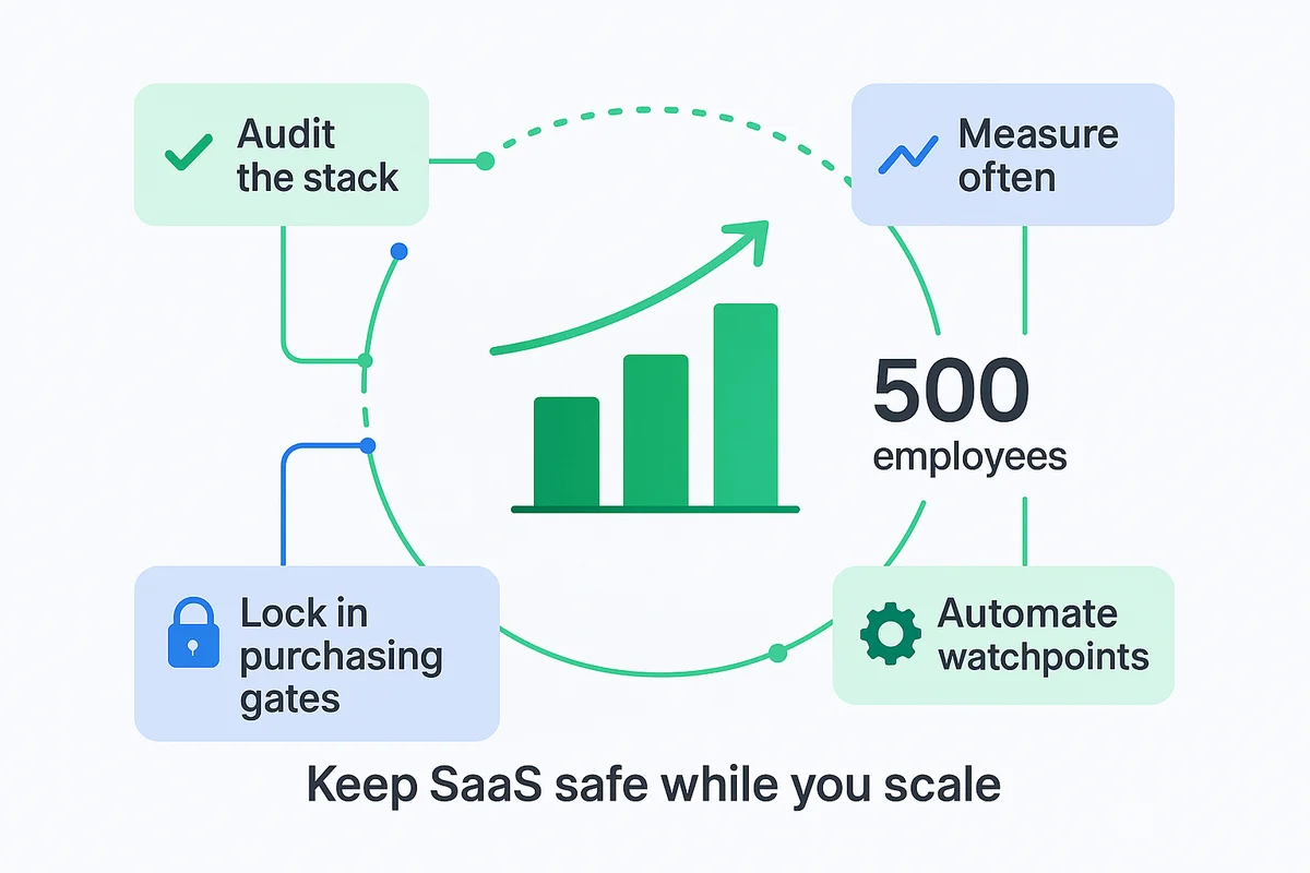 A group of professionals collaborating around a table, emphasizing teamwork and governance in managing SaaS and employee growth.