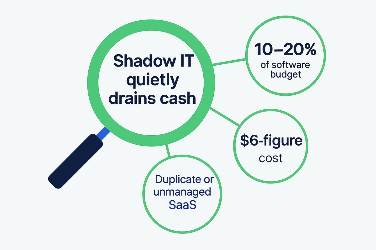 Visual representation of hidden costs associated with unmanaged SaaS and Shadow IT impacting company budgets.